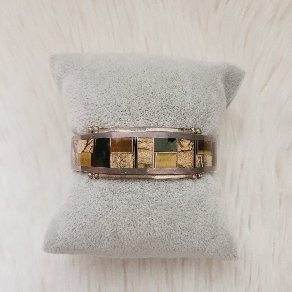 Vintage Navajo Sterling Silver Inlay Tiger Eye Jade Bracelet Cuff